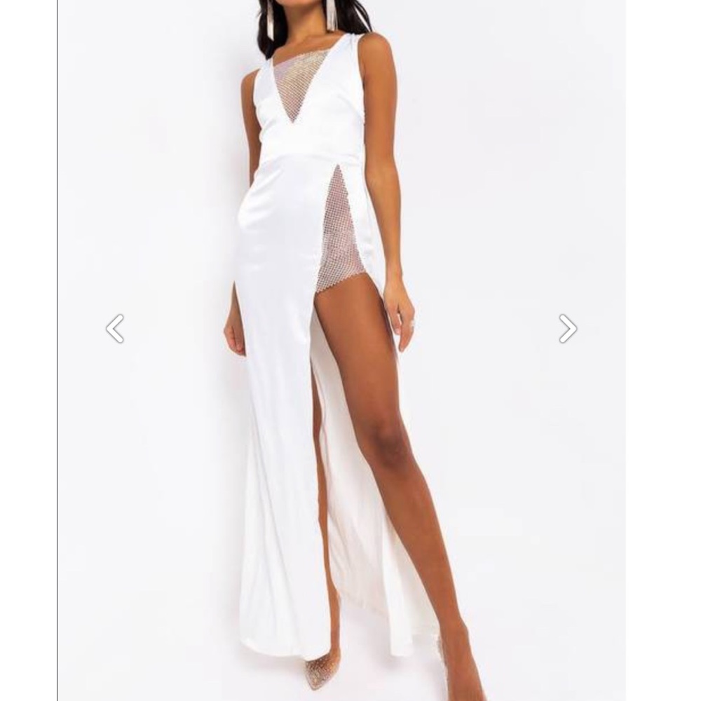 Rhinestone Mesh and Satin Maxi Dress - White